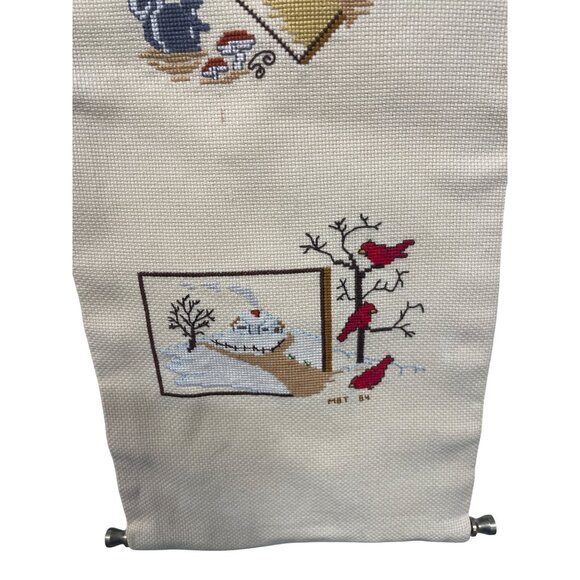 Handmade Cross-Stitch Wall Hanging Four Seasons Design 1984 Signed Needlework - Picture 7 of 8